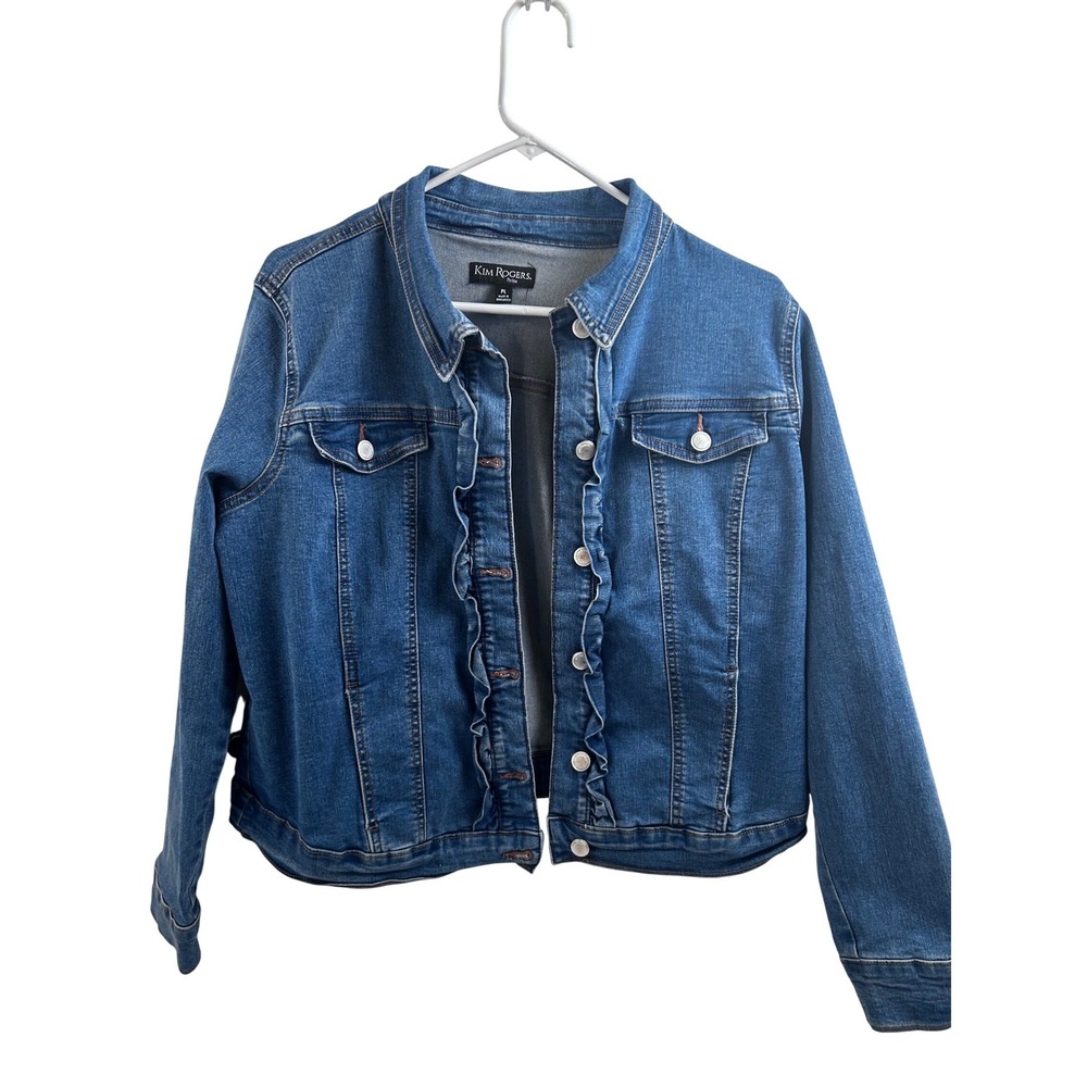Kim Rogers Denim Jacket PL Blue Ruffle‎ Front Button Down Womens Petite Large